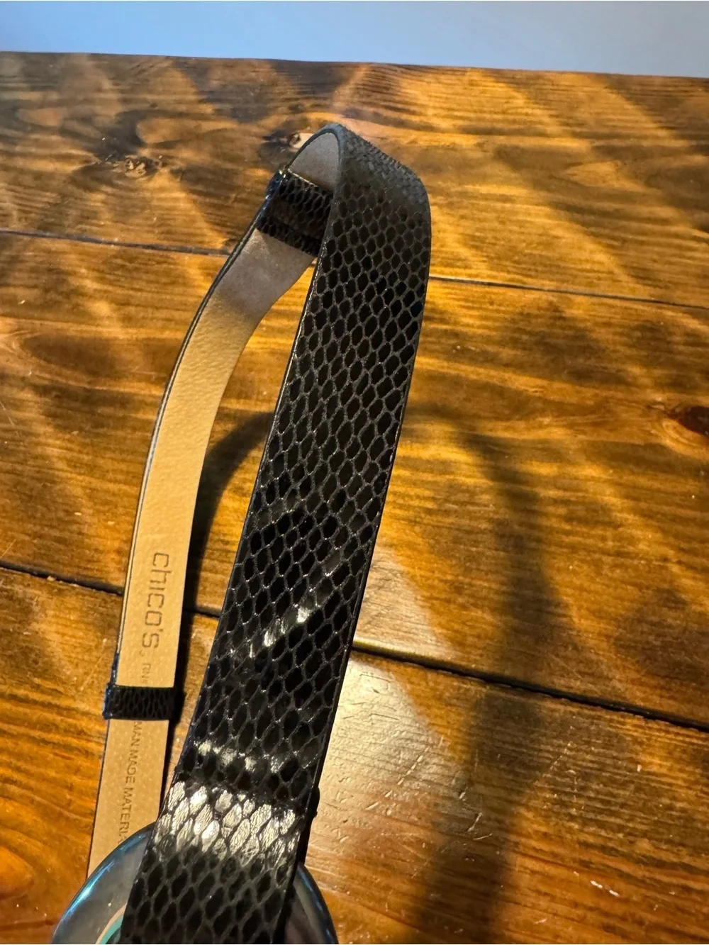 Chico's belt Adjustable black snake skin silver buckle